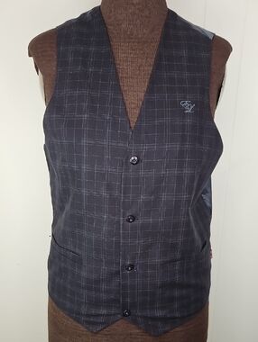 Men's Size L English Laundry Vest Waistcoat Handsewn Navy Blue Plaid Pendleton